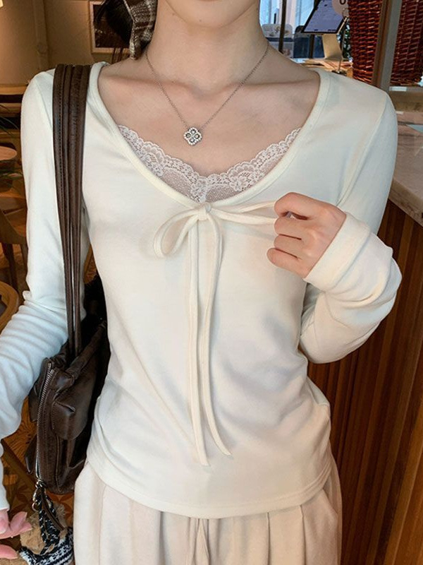 Tricou damă, cu croială Slim-Fit, mâneci lungi, guler rotund, dantelă — poliester 90–95%, lungime scurtă 40–50 cm, stil casual japonez-coreean