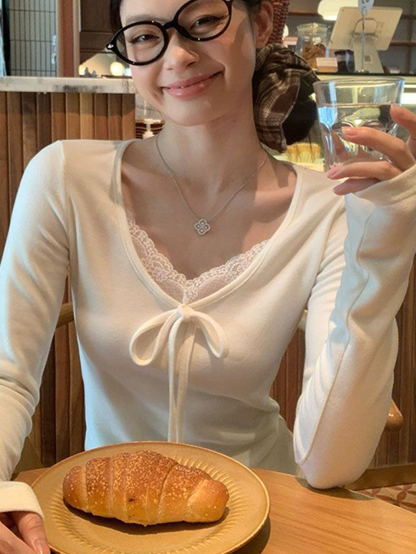 Tricou damă, cu croială Slim-Fit, mâneci lungi, guler rotund, dantelă — poliester 90–95%, lungime scurtă 40–50 cm, stil casual japonez-coreean