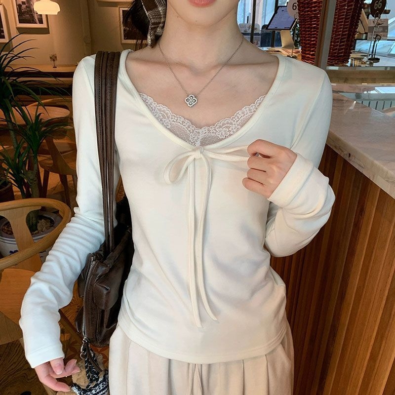 Tricou damă, cu croială Slim-Fit, mâneci lungi, guler rotund, dantelă — poliester 90–95%, lungime scurtă 40–50 cm, stil casual japonez-coreean