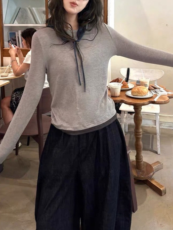 Tricou pentru femei cu mânecă lungă din lână Merino, strat de bază, set fals din două părți, stil minimalist