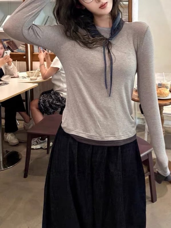 Tricou pentru femei cu mânecă lungă din lână Merino, strat de bază, set fals din două părți, stil minimalist