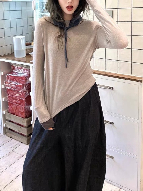 Tricou pentru femei cu mânecă lungă din lână Merino, strat de bază, set fals din două părți, stil minimalist