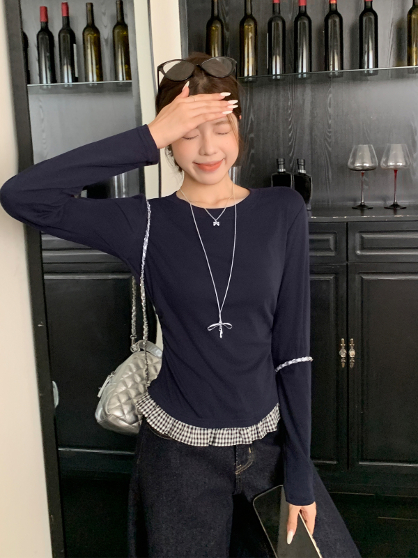 Tricou damă cu mânecă lungă, guler rotund, croială Slim, model în carouri sau dungi, cusătură îmbinată la tiv, stil casual toamnă 2025