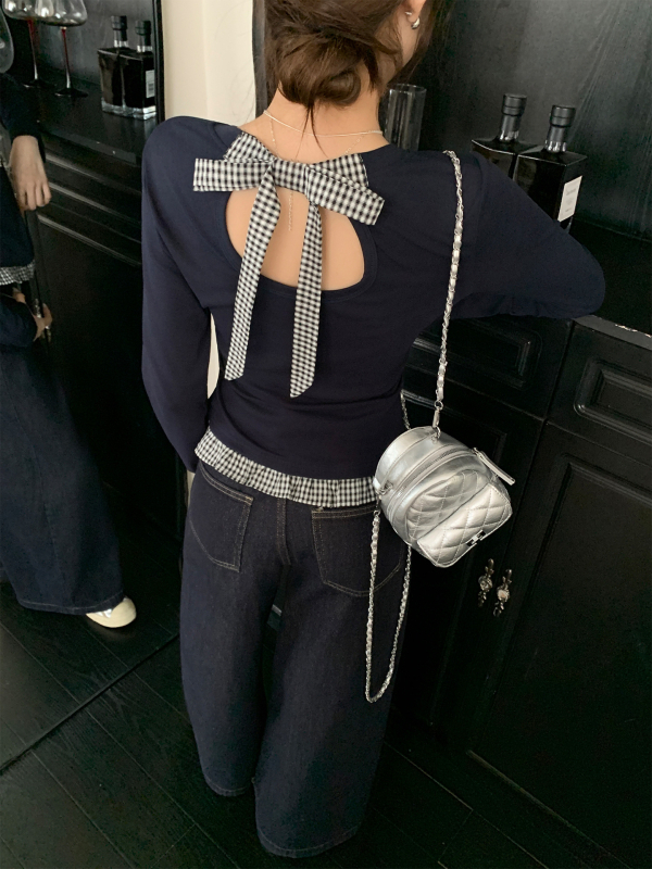 Tricou damă cu mânecă lungă, guler rotund, croială Slim, model în carouri sau dungi, cusătură îmbinată la tiv, stil casual toamnă 2025