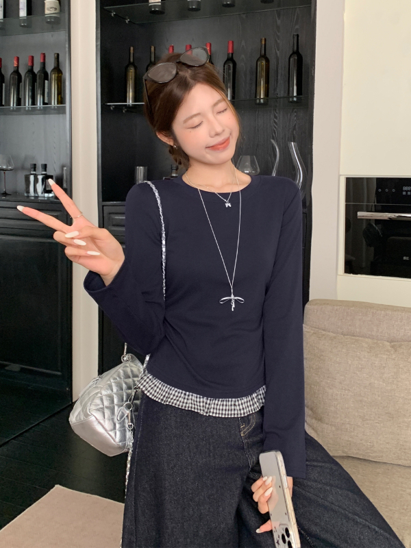 Tricou damă cu mânecă lungă, guler rotund, croială Slim, model în carouri sau dungi, cusătură îmbinată la tiv, stil casual toamnă 2025