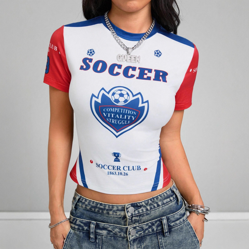 Tricou cu imprimă digitală, poliester, croială slim, guler rotund, stil casual japonez/coreean