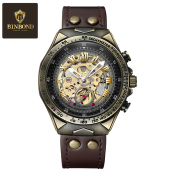 Binbond ceas mecanic automat retro pentru bărbați, Molong 3579, 30M rezistență la apă, spate transparent, coroană înșurubabilă