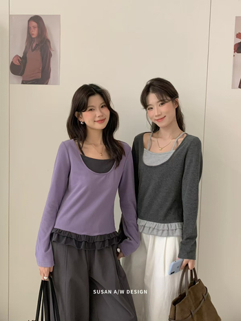 Pulover tricotat din bumbac, aspect dublu-piesă, gros, croială slim, mâneci lungi