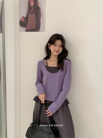 Pulover tricotat din bumbac, aspect dublu-piesă, gros, croială slim, mâneci lungi