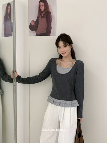 Pulover tricotat din bumbac, aspect dublu-piesă, gros, croială slim, mâneci lungi