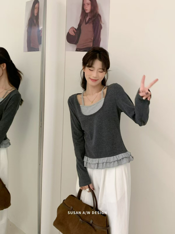 Pulover tricotat din bumbac, aspect dublu-piesă, gros, croială slim, mâneci lungi