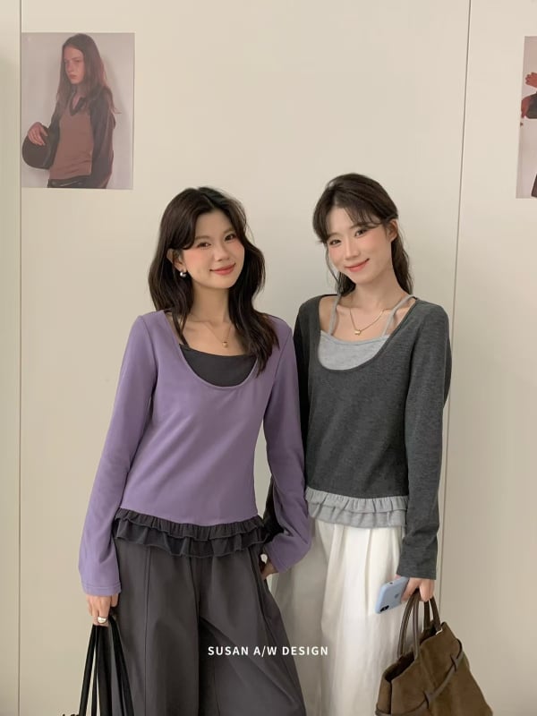 Pulover tricotat din bumbac, aspect dublu-piesă, gros, croială slim, mâneci lungi