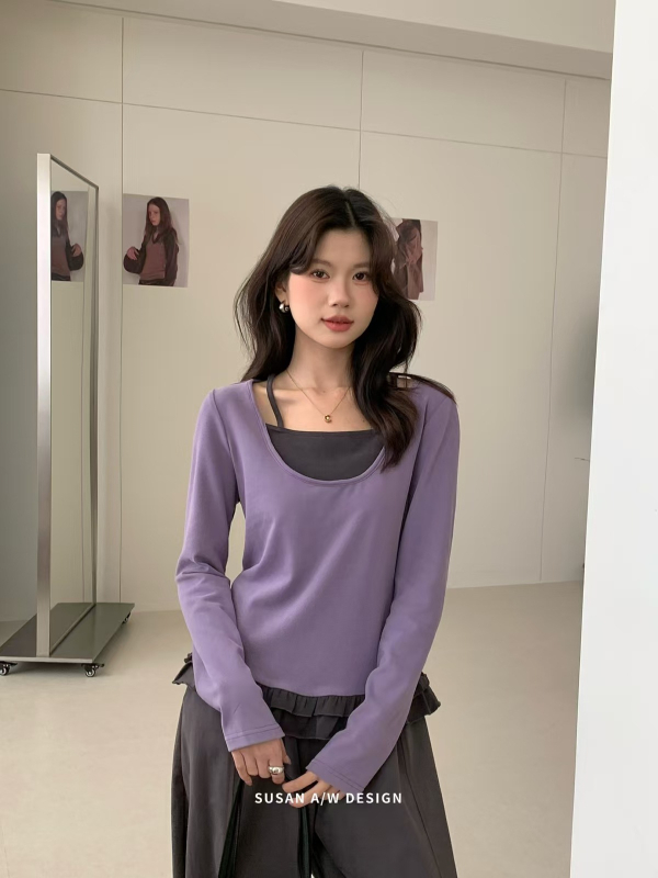 Pulover tricotat din bumbac, aspect dublu-piesă, gros, croială slim, mâneci lungi