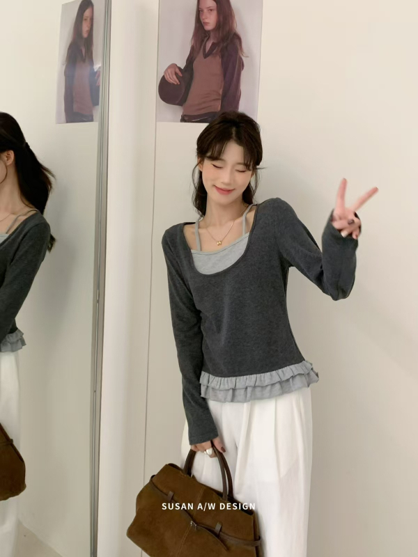 Pulover tricotat din bumbac, aspect dublu-piesă, gros, croială slim, mâneci lungi