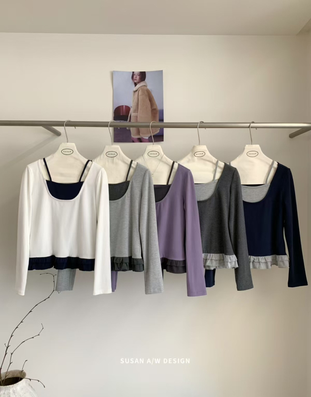 Pulover tricotat din bumbac, aspect dublu-piesă, gros, croială slim, mâneci lungi