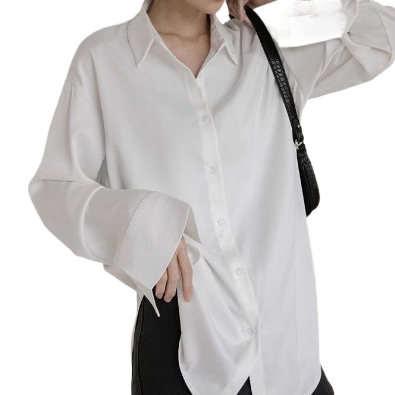 Cămașă din șifon în stil franțuzesc, cu guler polo, mâneci lungi, croială lejeră