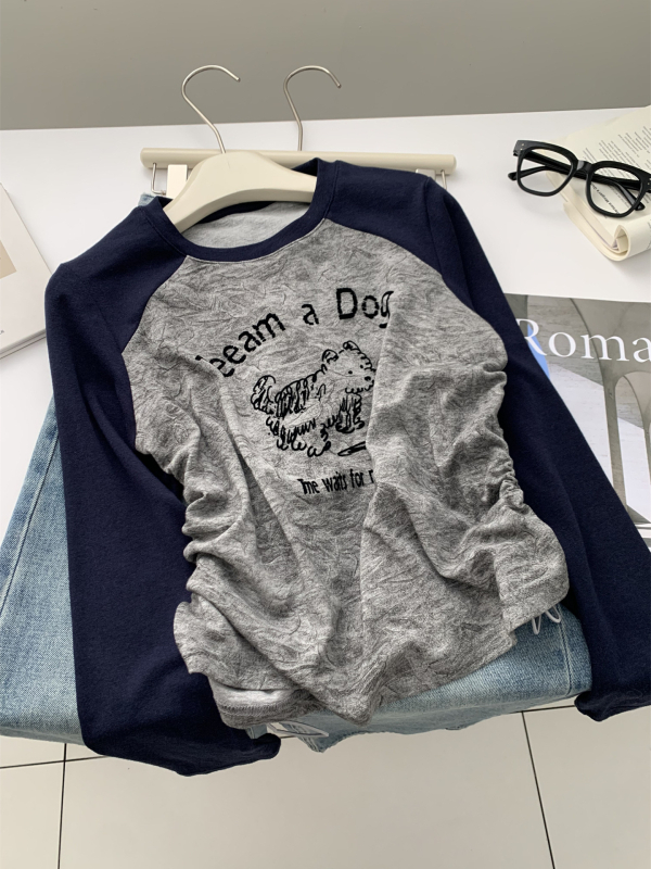 Ženska majica s tie-dye uzorkom i motivom šteneta, s vezanjem u struku za vitkiji kroj, kratki rukavi, raglan rukavi, jesen