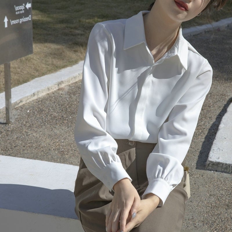 Cămașă din poliester cu elastan, mâneci prințesă, guler polo, primăvara 2025