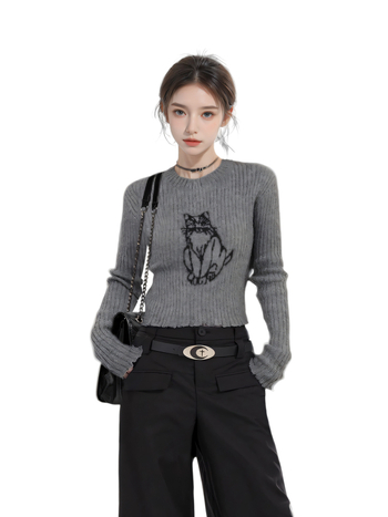 Pulover tricotat cu imprimeu de pisică - acrilic, mâneci lungi, guler rotund, croială slim