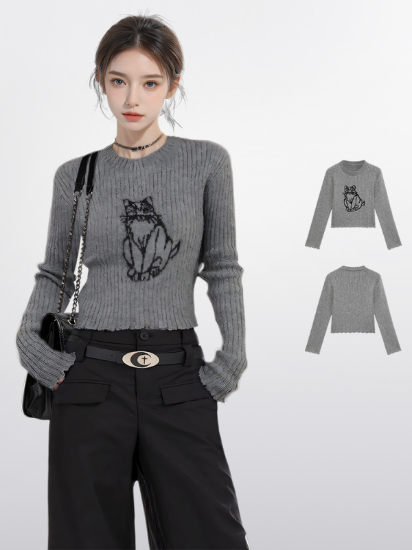 Pulover tricotat cu imprimeu de pisică - acrilic, mâneci lungi, guler rotund, croială slim