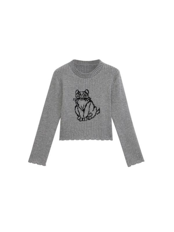 Pulover tricotat cu imprimeu de pisică - acrilic, mâneci lungi, guler rotund, croială slim