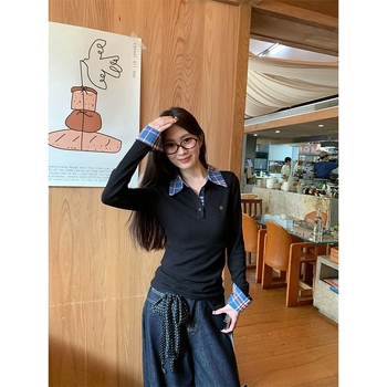 Tricou cu guler polo, mâneci lungi, croială slim, model în carouri, din poliester