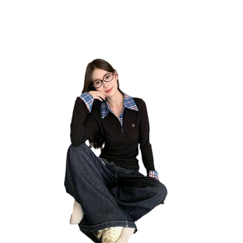Tricou cu guler polo, mâneci lungi, croială slim, model în carouri, din poliester