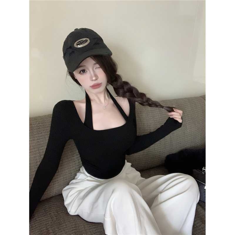 Tricou dama cu mânecă lungă, tricotat, din fibră acrilică, guler rotund, stil urban elegant pentru deplasări, croială talie înaltă