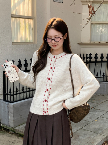 Cardigan tricotat cu glugă, guler rotund, mâneci lungi, croială obișnuită, model cu design contrastant