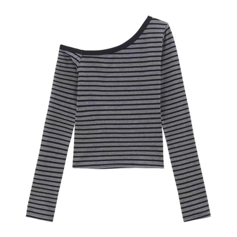 Slim-fit топ с райета, полиестер-еластан, дълги ръкави, наклонена яка