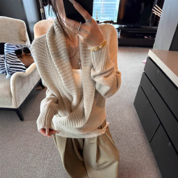 Pulover tricotat cu ribă și curea încrucișată, stil coreean, croială lejeră, mâneci lungi