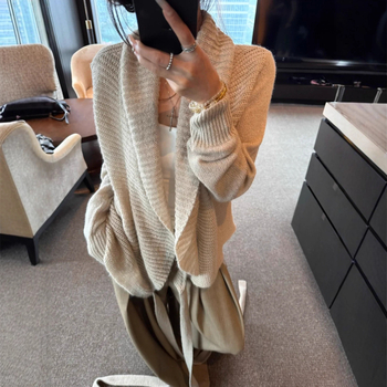 Pulover tricotat cu ribă și curea încrucișată, stil coreean, croială lejeră, mâneci lungi
