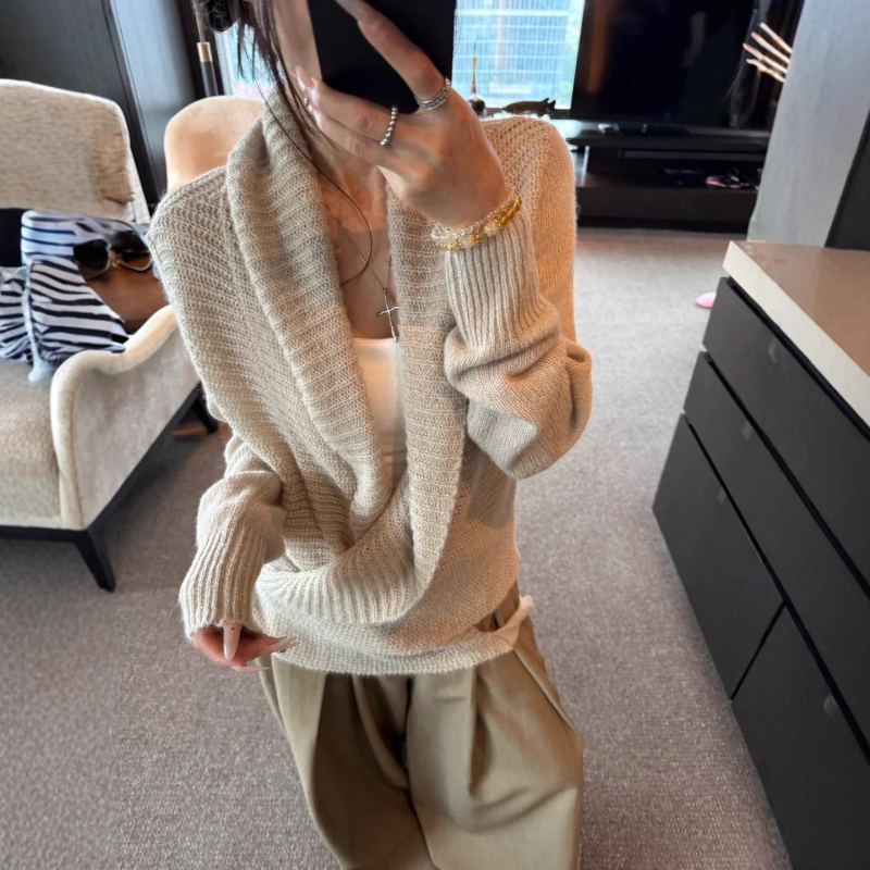 Pulover tricotat cu ribă și curea încrucișată, stil coreean, croială lejeră, mâneci lungi