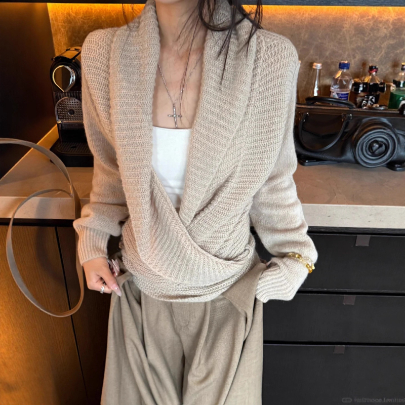 Pulover tricotat cu ribă și curea încrucișată, stil coreean, croială lejeră, mâneci lungi