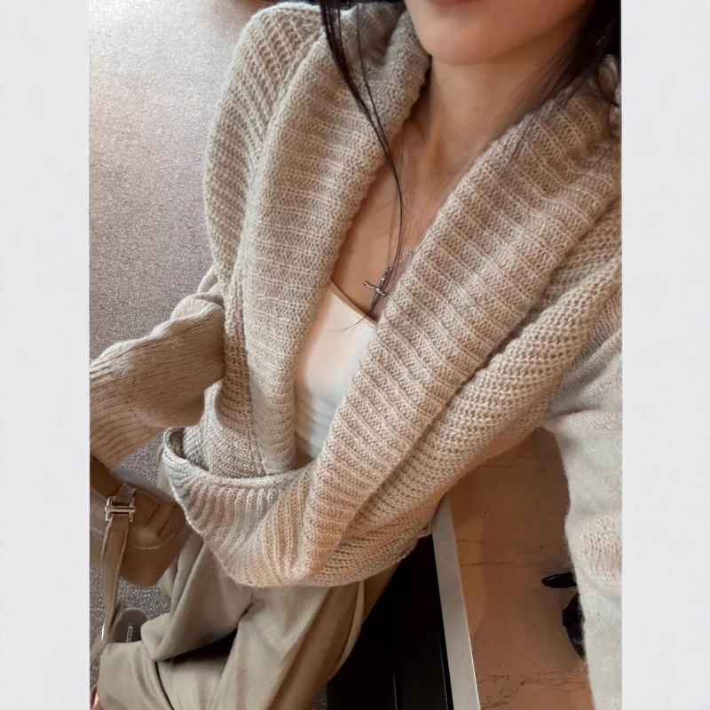 Pulover tricotat cu ribă și curea încrucișată, stil coreean, croială lejeră, mâneci lungi