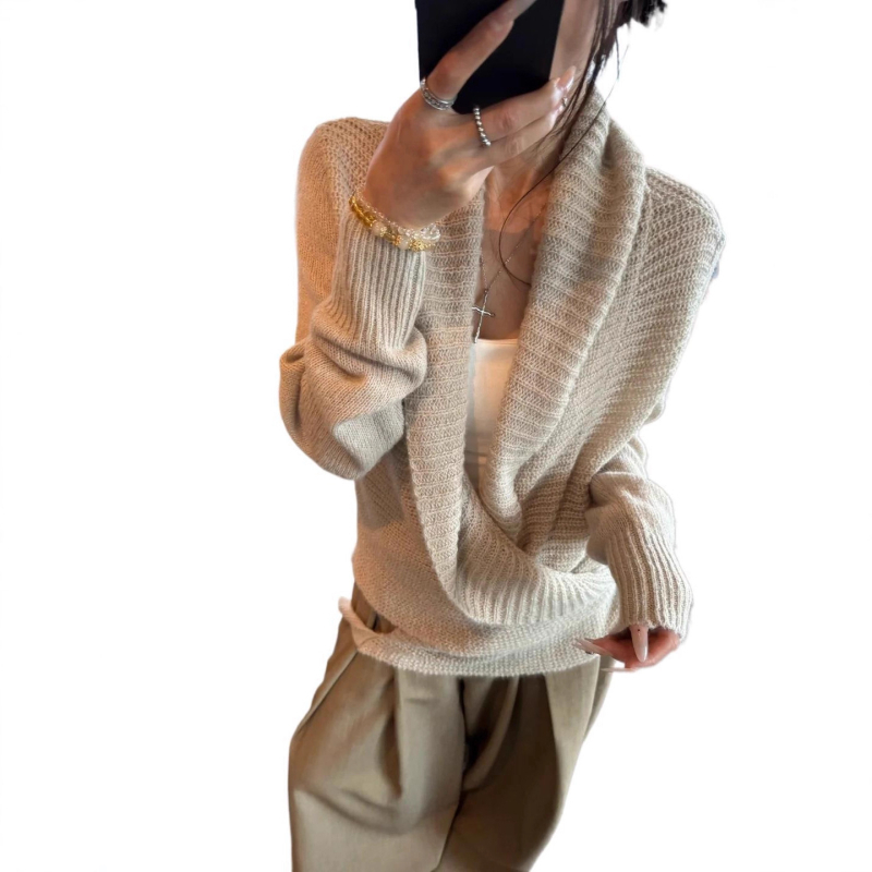 Pulover tricotat cu ribă și curea încrucișată, stil coreean, croială lejeră, mâneci lungi