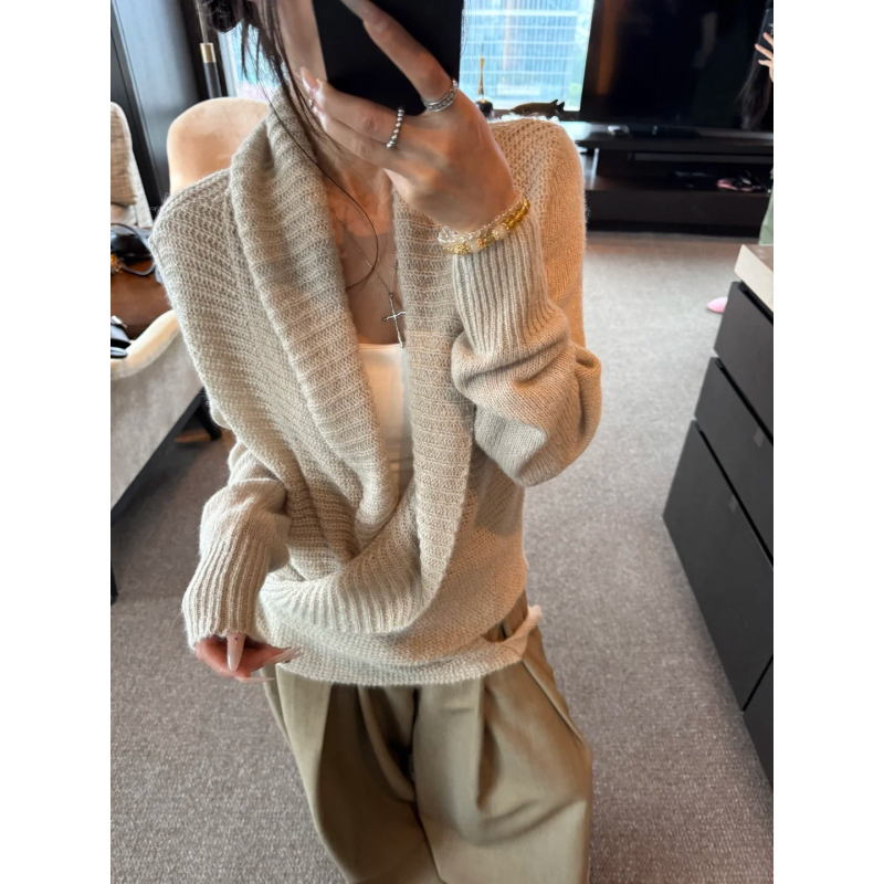 Pulover tricotat cu ribă și curea încrucișată, stil coreean, croială lejeră, mâneci lungi