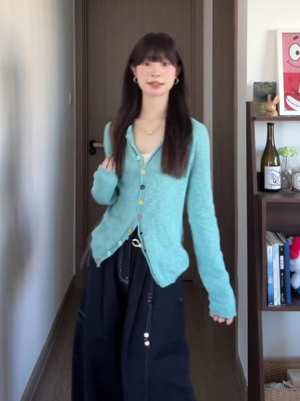 Cardigan tricotat cu glugă pentru femei, toamna 2025, inspirație coreeană, croială lejeră, tricot simplu, guler rotund, mâneci lungi