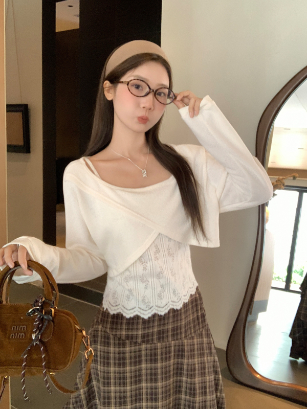 Set de două piese: Bluza cu guler bateau și top croșetat din dantelă fără mâneci, lungime scurtă, toamnă 2025, stil casual japonez/coreean