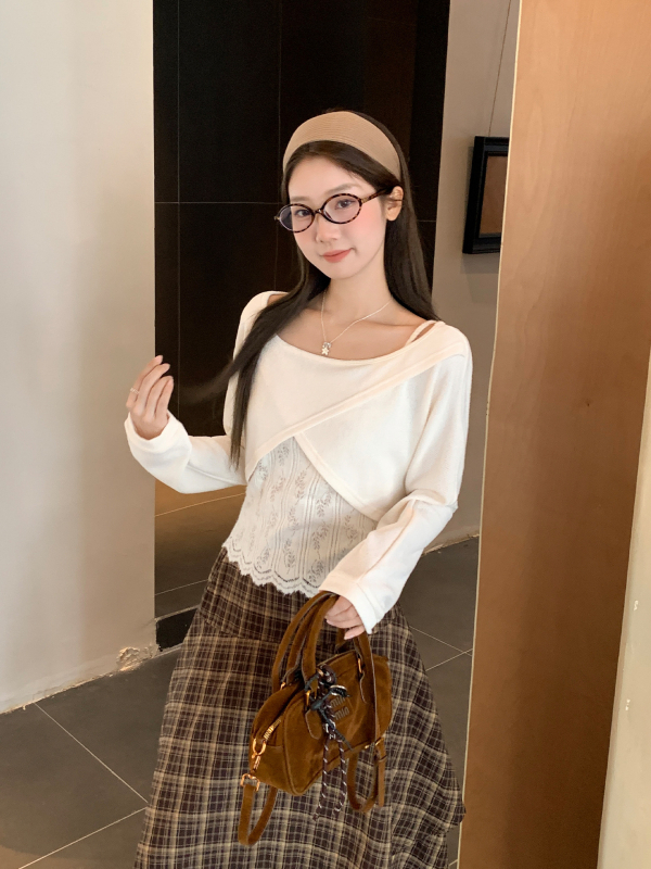 Set de două piese: Bluza cu guler bateau și top croșetat din dantelă fără mâneci, lungime scurtă, toamnă 2025, stil casual japonez/coreean