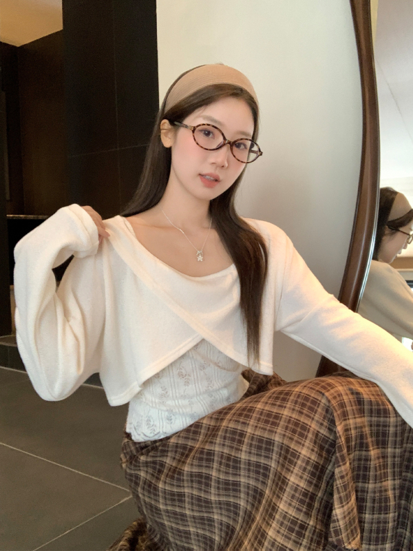 Set de două piese: Bluza cu guler bateau și top croșetat din dantelă fără mâneci, lungime scurtă, toamnă 2025, stil casual japonez/coreean