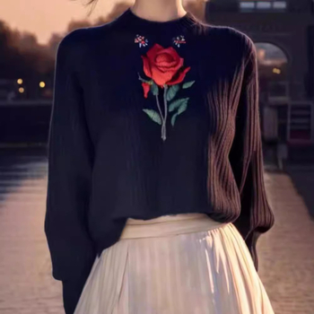 Džemper s izvezom ruža, retro floralni pleteni dizajn, okrugli izrez, udoban kroj, jesen-zima 2024
