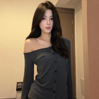 Γυναικεία rayon off-shoulder cardigan T-Shirt — Slim Fit, μακριά μανίκια, κεκλιμένο γιακά, στυλ cardigan, κανονικό μήκος