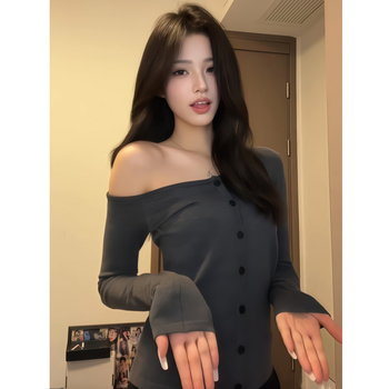 Γυναικεία rayon off-shoulder cardigan T-Shirt — Slim Fit, μακριά μανίκια, κεκλιμένο γιακά, στυλ cardigan, κανονικό μήκος