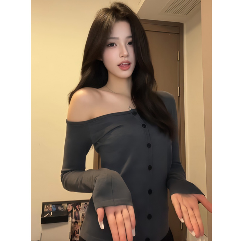 Γυναικεία rayon off-shoulder cardigan T-Shirt — Slim Fit, μακριά μανίκια, κεκλιμένο γιακά, στυλ cardigan, κανονικό μήκος