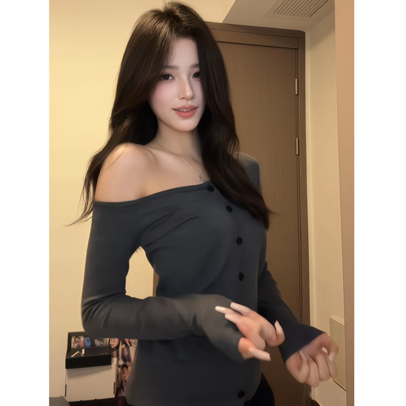 Γυναικεία rayon off-shoulder cardigan T-Shirt — Slim Fit, μακριά μανίκια, κεκλιμένο γιακά, στυλ cardigan, κανονικό μήκος