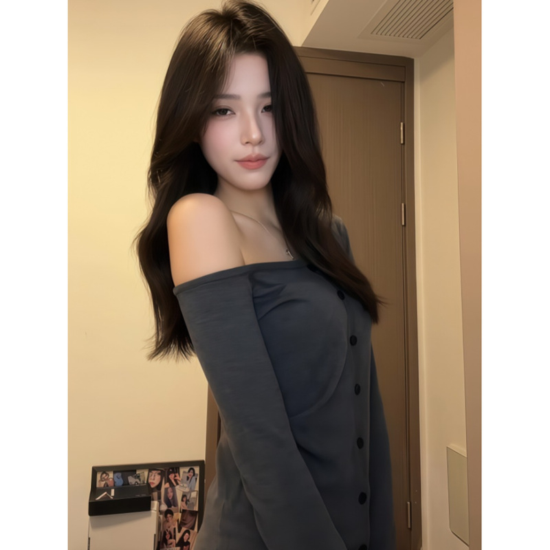 Γυναικεία rayon off-shoulder cardigan T-Shirt — Slim Fit, μακριά μανίκια, κεκλιμένο γιακά, στυλ cardigan, κανονικό μήκος