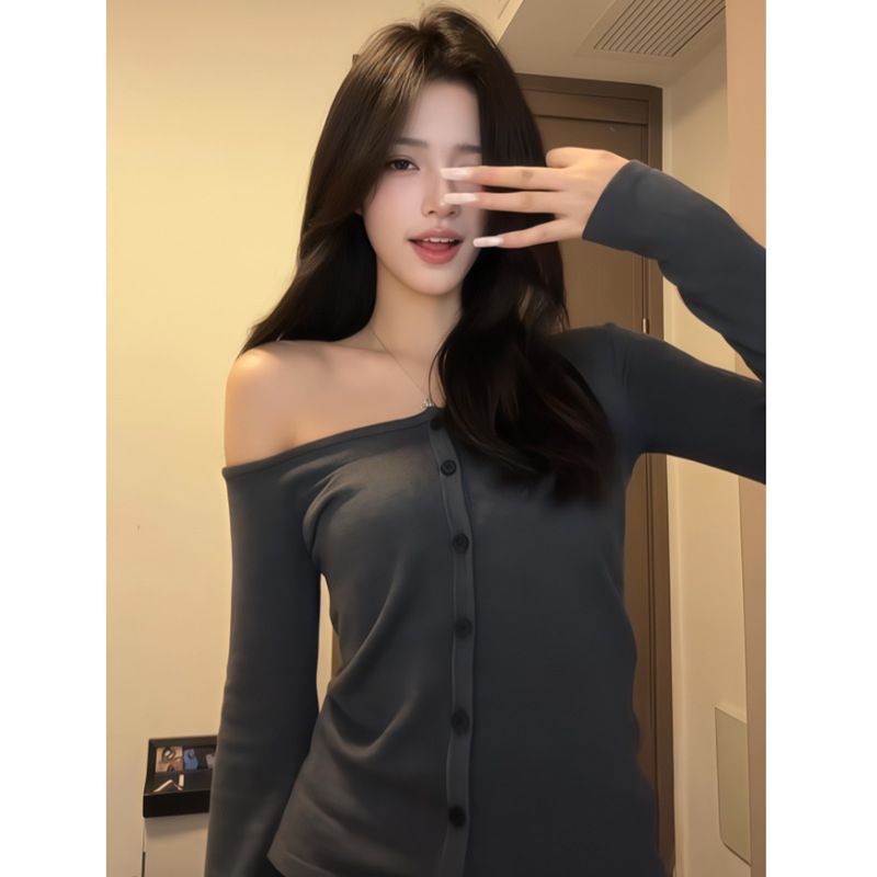 Γυναικεία rayon off-shoulder cardigan T-Shirt — Slim Fit, μακριά μανίκια, κεκλιμένο γιακά, στυλ cardigan, κανονικό μήκος