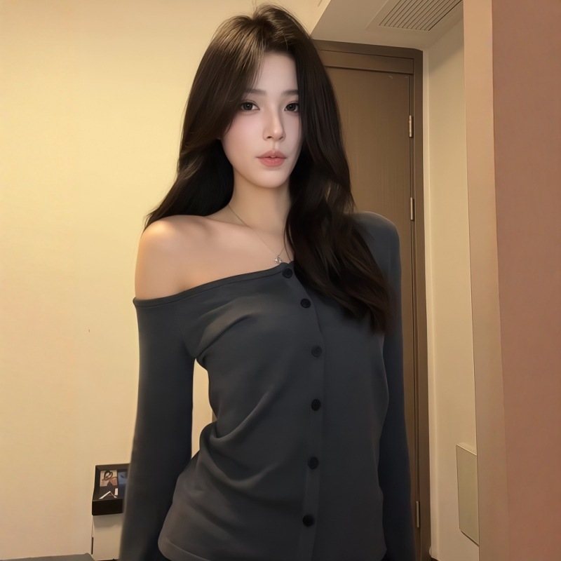 Γυναικεία rayon off-shoulder cardigan T-Shirt — Slim Fit, μακριά μανίκια, κεκλιμένο γιακά, στυλ cardigan, κανονικό μήκος