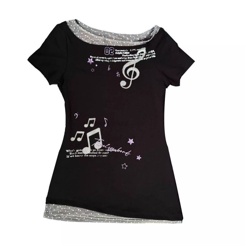 Tricou slim-fit din fibre de viscose, model creativ, guler înclinat, mâneci scurte, stil coreean lejer